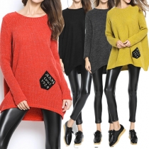 Fashion Pocket Spliced Round Neck Long Sleeve High-low Hemline Relaxed Knit Sweater