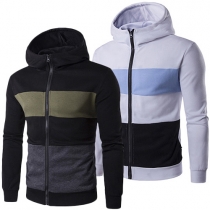 Fashion Contrast Color Striped Front Zipper Long Sleeve Hooded Sweatshirt Coat For Men