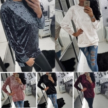 Casual Style Solid Color Round Neck Long Sleeve Velvet Sweatshirt For Women