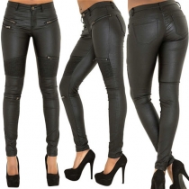 Sexy Solid Color Zipper Crinkle Slim Fit PU Pants For Women