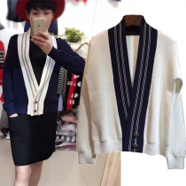 Stylish Contrast Color Striped Spliced V-neck Long Sleeve Knit Sweater Cardigan