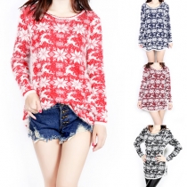 Fashion Elk Snowflake Printed Round Neck Long Sleeve Relaxed Sweater Dress