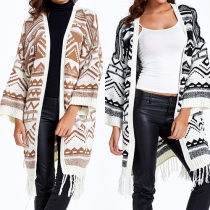 Trendy Printed Long Sleeve Open-front Tassel Hem Knit Sweater Cardigan