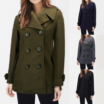 Trendy Solid Color Lapel Long Sleeve Double-breasted Slim Fit Woolen Coat