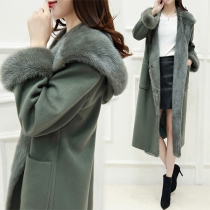 Elegant Solid Color Artificial Fur Lapel Long Sleeve Hooded Woolen Coat