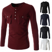 Casual Style Solid Color Front Buttons Down Round Neck Long Sleeve Men's T-shirt