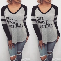 Casual Style Contrast Color Letters Printed V-neck Long Sleeve T-shirt