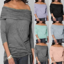 Sexy Solid Color Off Shoulder Long Sleeve Knotted Loose-fitting T-shirt