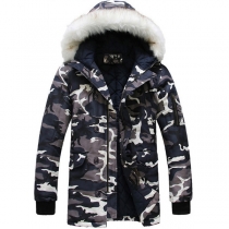 Fashion Artificial Fur Collar Long Sleeve Hooded Gathered Waist Camouflage Padded Coat