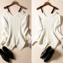 Sexy Long Sleeve Off Shoulder V-neck Irregular Hemline Sling Knit Sweater