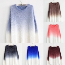Fashion Color Gradient Round Neck Long Sleeve Loose-fitting Fuzzy Knit Sweater