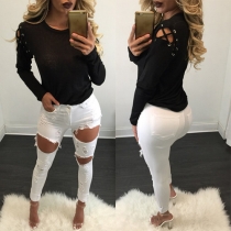Sexy Solid Color Shoulder Lace-up Hollow Out Round Neck Long Sleeve Tops