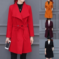 Elegant Solid Color Lapel Long Sleeve Gathered Waist Women's Woolen Coat