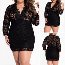 Sexy Solid Color V-neck 3/4 Sleeve Lace Hollow Out Slim Fit Dress