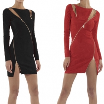 Sexy Solid Color Oblique Zipper Round Neck Long Sleeve Side Slit Suede Dress