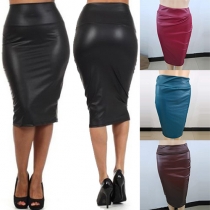 Sexy Solid Color High Waist Knee-length Artificial Leather Skirt