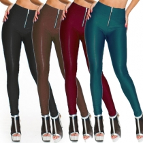 Sexy Solid Color Front Zipper High Waist PU Pants For Women