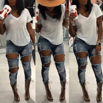 Trendy High Waist Hollow Out Ripped Jeans For Women
