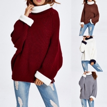 Trendy Contrast Color Turtleneck Long Sleeve Back Slit Loose-fitting Sweater