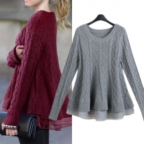 Elegant Solid Color Double-layer Hem Spliced Round Neck Long Sleeve Sweater
