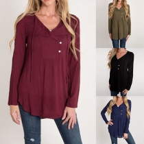 Casual Style Solid Color Long Sleeve Buttons V-neck Chiffon Tops