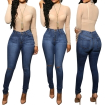 Sexy Solid Color Knee Ripped High Waist Skinny Jeans For Women