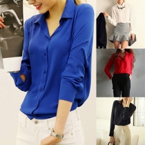 Sexy Solid Color Single-breasted Long Sleeve Lapel Women's Chiffon Blouse