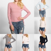 Trendy Solid Color Long Sleeve Round Neck Side Lace-up Knit Tops