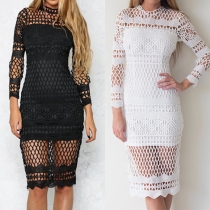 Sexy Solid Color Mock Neck Long Sleeve Lace Hollow Out Slim Fit Dress