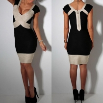 Sexy Contrast Color V-neck Sleeveless High Waist Slim Fit Dress