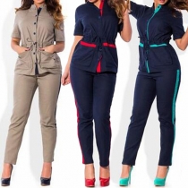 Casual Style Oversized Contrast Color Single-breasted Short Sleeve Tops + Pants Two-piece Set