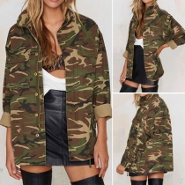 Fashion Single-breasted Long Sleeve Stand Collar Camouflage Coat For Women