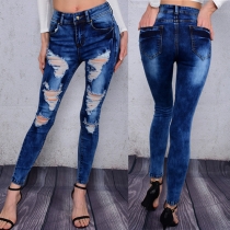 Distressed Style Zip Fly Slim Fit Ripped Jeans For Women