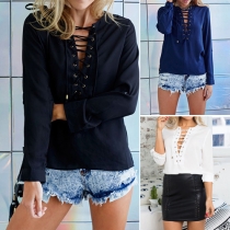 Sexy Solid Color Front Lace-up V-neck Button-tab Sleeve Chiffon Blouse