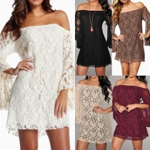 Sexy Solid Color Off Shoulder Bell Sleeve Lace Hollow Out Dress