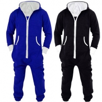 Casual Style Contrast Color Front Zipper Long Sleeve Hooded Unisex One-piece Pajamas