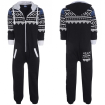 Fashion Snowflake Printed Front Zipper Hooded Long Sleeve Unisex One-piece Sleepwear