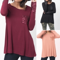 Casual Style Solid Color Sequin Pocket Spliced Long Sleeve Round Neck T-shirt