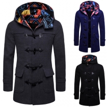 Fashion Solid Color Lapel Long Sleeve Hooded Horn Buttons Men's Woolen Coat