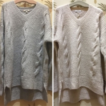 Fashion Solid Color Long Sleeve V-neck High-low Hem Sweater