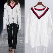Fashion Long Sleeve V-neck Tassel Hem Hollow Out Knitted Sweater