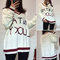 Fashion Contrast Color Letters Printed Long Sleeve V-neck Sweater
