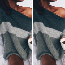 Sexy Off-shoulder Long Sleeve Contrast Color Knit Sweater