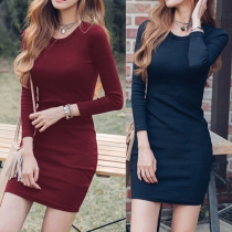 OL Style Long Sleeve Round Neck Solid Color Slim Fit Dress