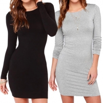Fashion Solid Color Long Sleeve Round Neck Slim Fit Dress