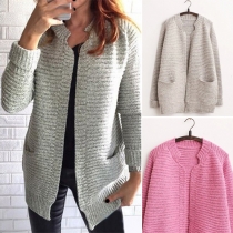 Fashion Solid Color Long Sleeve Stand Collar Knit Cardigan