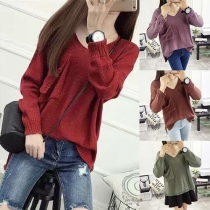 Fashion Solid Color V-neck High-low Hem Sweater