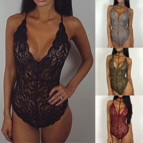 Sexy Backless Deep V-neck See-through Lace Bodysuit