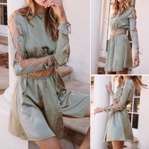 Fashion Solid Color Long Sleeve Round Neck Front Slit Lace-up Hollow Out Dress