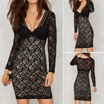 Sexy Solid Color Deep V-neck Long Sleeve Hollow Out Lace Dress